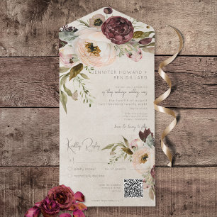 Bourgogne Crème & Roze  Pioenrozen QR Code All In One Uitnodiging