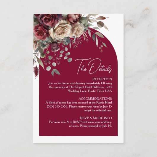 Bourgogne Crème Rozen Elegant Arch Wedding Details Informatiekaartje (Voorkant)