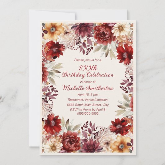 Bourgogne Crème Waterverf Floral 100e Verjaardag Kaart (Voorkant)
