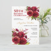Bourgogne Dahlia Roos Bloemen Goud Glitter Verjaar Kaart (Staand voorkant)