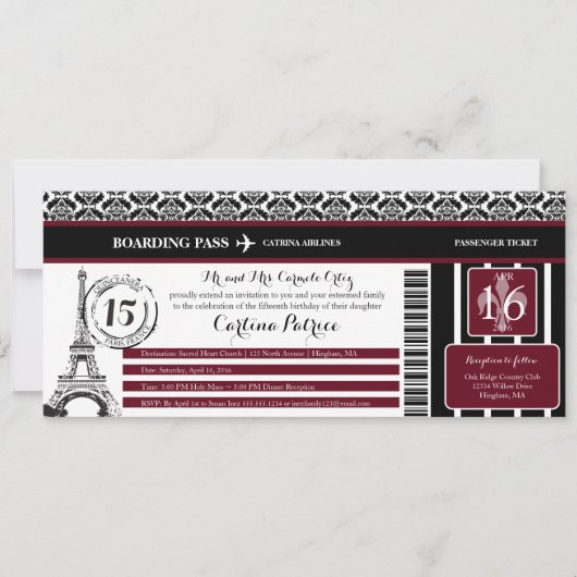 Bourgogne Damask Quinceanera Paris Boarding Pass Kaart (Voorkant)