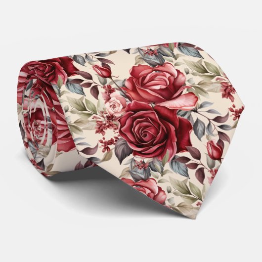 Bourgogne Deep Red Roses Blush Waterverf Stropdas (Opgerold)