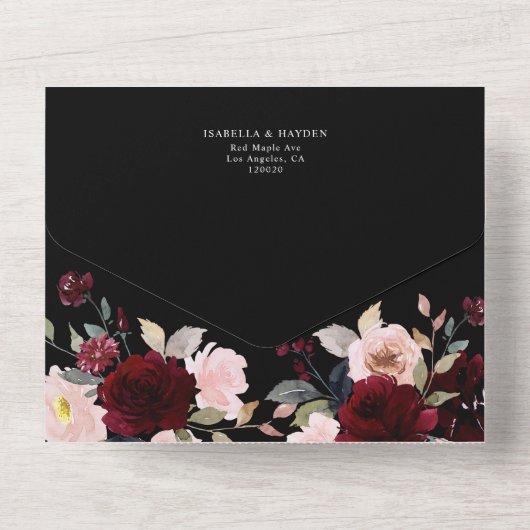 Bourgogne Donker Moody Bloemen Zwart Elegant Bruil All In One Uitnodiging (Achterkant)