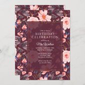 Bourgogne Donkerrood Bloemen | Maroon Verjaardag Kaart (Voorkant / Achterkant)