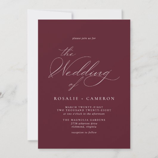 Bourgogne donkerrood | Elegant Script Maroon bruil Kaart (Voorkant)
