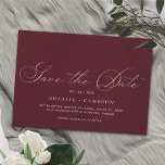 Bourgogne donkerrood | Romantisch Luchtig  Maroon Save The Date<br><div class="desc">Sla de datumkaarten formeel op met een script in  stijl. Wit lettertype op een donkerrode achtergrond.</div>