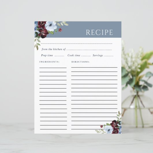 Bourgogne Dusty Blue Elegante Receptenkaart (Staand voorkant)