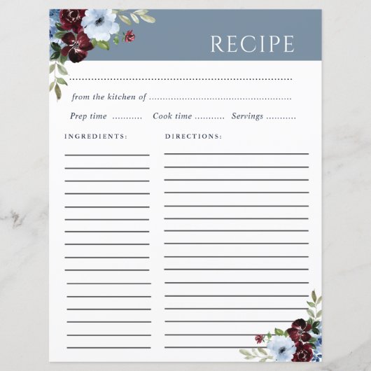 Bourgogne Dusty Blue Elegante Receptenkaart (Voorkant)
