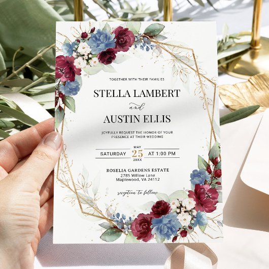 Bourgogne Dusty Blue Floral Geometrische bruiloft Kaart