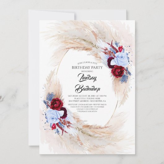 Bourgogne Dusty Blue Pampas Grass Verjaardagsfeest Kaart (Voorkant)