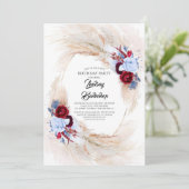 Bourgogne Dusty Blue Pampas Grass Verjaardagsfeest Kaart (Staand voorkant)