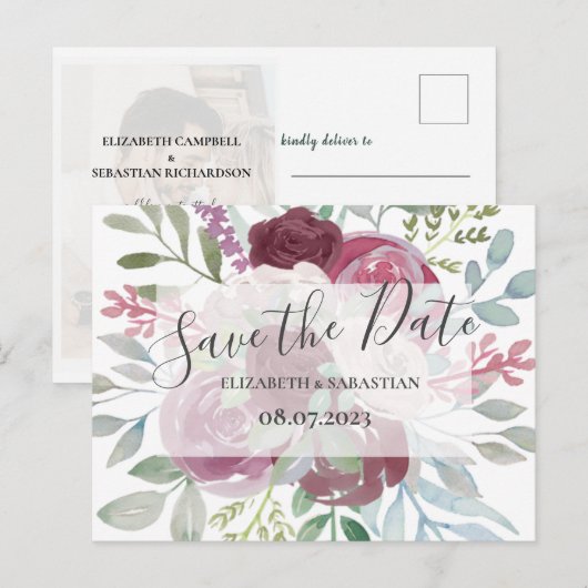 Bourgogne & Dusty Blue Waterverf Save The Date Aankondigingskaart (Voorkant / Achterkant)