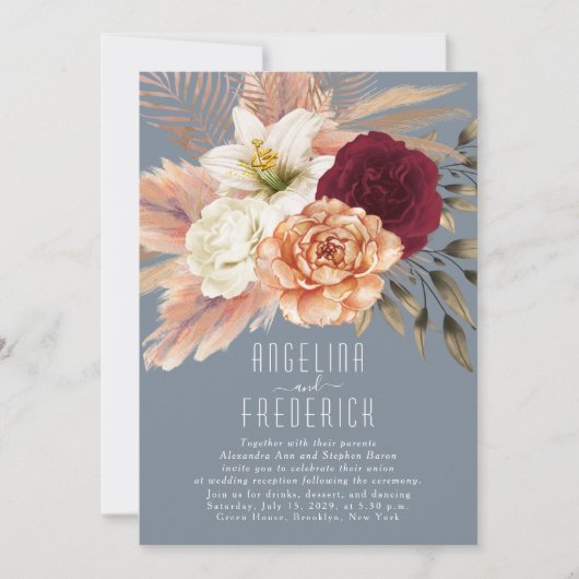 Bourgogne Dusty Blue Wedding Reception Uitnodiging (Voorkant)