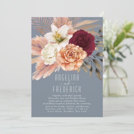 Bourgogne Dusty Blue Wedding Reception Uitnodiging (Staand voorkant)