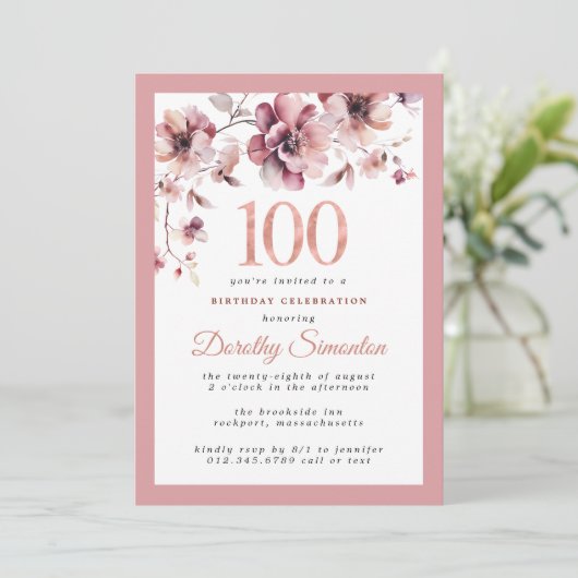 Bourgogne Dusty Pink Floral 100e verjaardag Kaart (Staand voorkant)