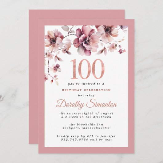 Bourgogne Dusty Pink Floral 100e verjaardag Kaart (Voorkant / Achterkant)