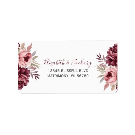 Bourgogne Dusty Roos Floral Wedding RSVP Adres Etiket (Voorkant)
