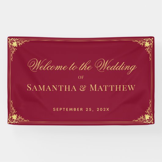 Bourgogne Elegant Faux Gold bruiloft Welkom Spandoek (Horizontaal)