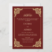 Bourgogne Elegant Goud Lijst Moslim Huwelijk Kaart (Voorkant)
