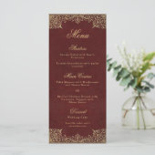 Bourgogne Elegant  Goud Script Bruiloft Menu (Staand voorkant)