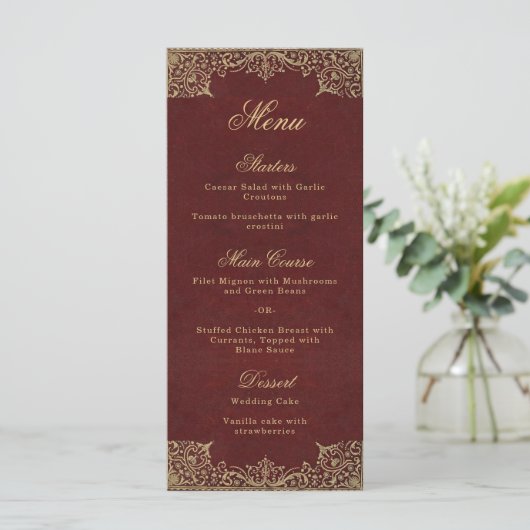 Bourgogne Elegant  Goud Script Bruiloft Menu (Staand voorkant)
