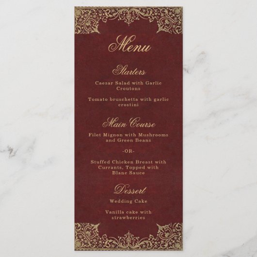 Bourgogne Elegant  Goud Script Bruiloft Menu (Voorkant)
