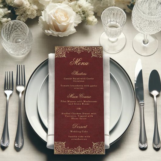 Bourgogne Elegant Goud Script Bruiloft Menu