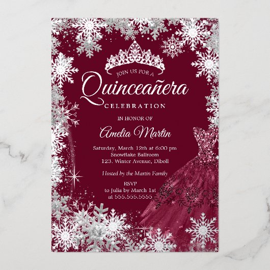 Bourgogne Elegant Winter Snowflake Quinceanera Folie Uitnodiging (Voorkant)