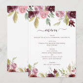 Bourgogne Elegante Bloemen Bloemen Bloemen Huwelij Menu (Voorkant / Achterkant)
