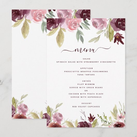 Bourgogne Elegante Bloemen Bloemen Bloemen Huwelij Menu (Voorkant / Achterkant)