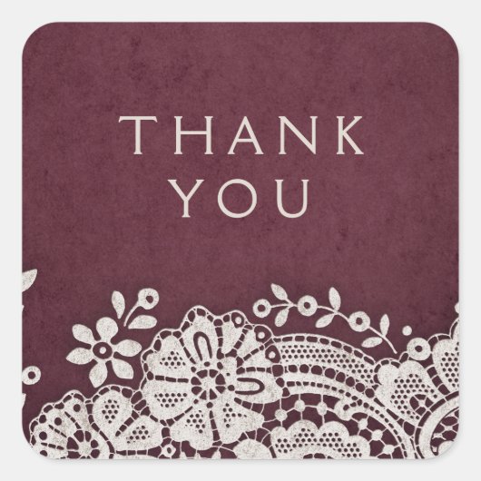 Bourgogne elegante kant rustieke bruiloft gunst vierkante sticker (Voorkant)