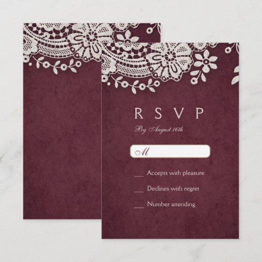 Bourgogne elegante  kant rustieke bruiloft RSVP Kaartje (Voorkant / Achterkant)