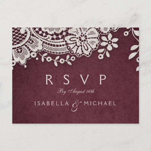 Bourgogne elegante  kant rustieke bruiloft RSVP Uitnodiging Briefkaart (Voorkant)