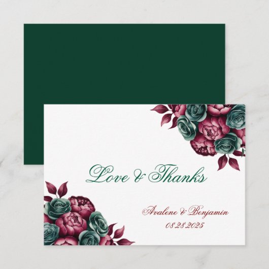 Bourgogne Emerald Green Peony Gold Trim Wedding Bedankkaart (Voorkant / Achterkant)