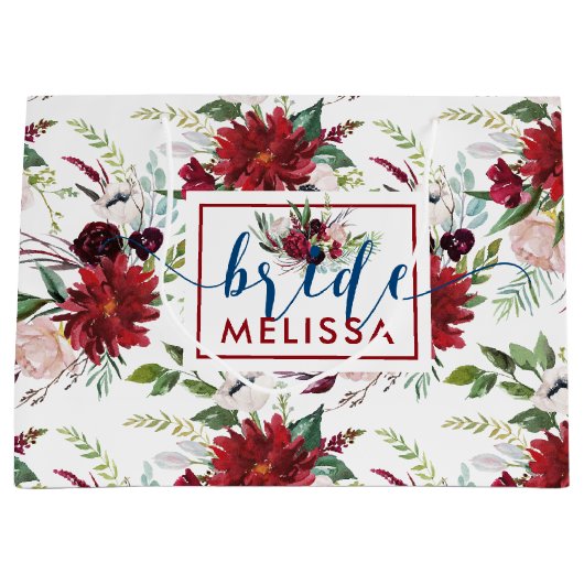 Bourgogne en blauw blauw blauw bloespatroon groot cadeauzakje (Voorkant)