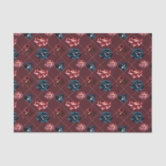 Bourgogne en Blauwe Bloemen (Design 2 Red Series) Tissuepapier (Voorkant)