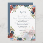 Bourgogne en blauwe bloemen monogram uitnodiging (Voorkant / Achterkant)