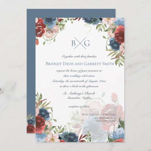 Bourgogne en blauwe bloemen monogram uitnodiging (Voorkant / Achterkant)