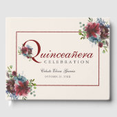 Bourgogne en Blauwe Bloemen Quinceanera Verjaardag Gastenboek (Voorkant)