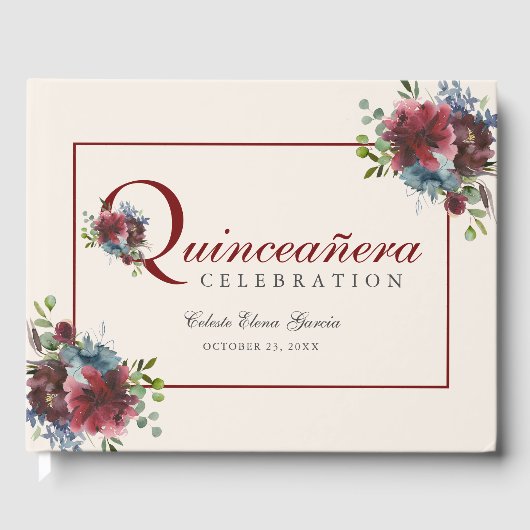 Bourgogne en Blauwe Bloemen Quinceanera Verjaardag Gastenboek (Voorkant)