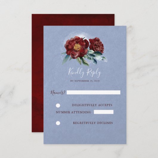 Bourgogne en Blauwe Waterverf Bloemen Bruiloft RSV RSVP Kaartje (Voorkant / Achterkant)