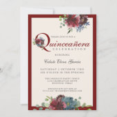 Bourgogne en Blauwe Waterverf Bloemen Quinceanera Kaart (Voorkant)