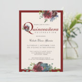 Bourgogne en Blauwe Waterverf Bloemen Quinceanera Kaart (Staand voorkant)