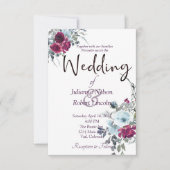 Bourgogne en blauwe waterverf florale bruiloft inv kaart (Voorkant)