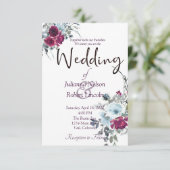 Bourgogne en blauwe waterverf florale bruiloft inv kaart (Staand voorkant)