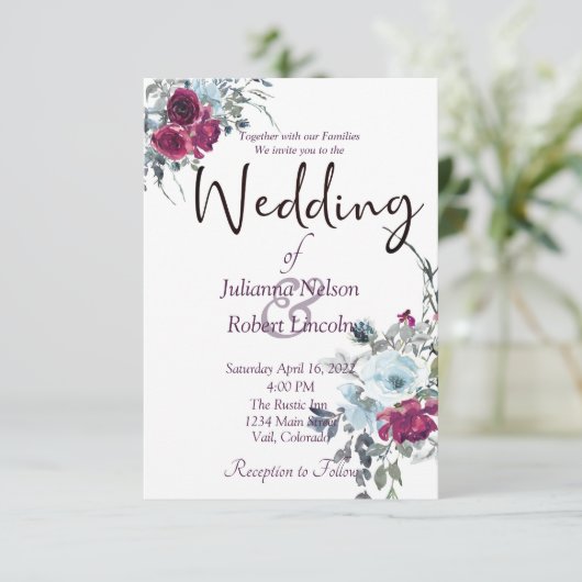 Bourgogne en blauwe waterverf florale bruiloft inv kaart (Staand voorkant)