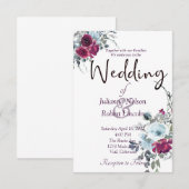 Bourgogne en blauwe waterverf florale bruiloft inv kaart (Voorkant / Achterkant)