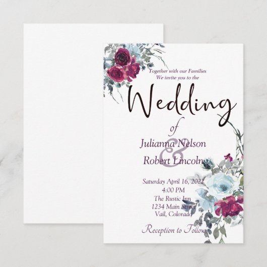 Bourgogne en blauwe waterverf florale bruiloft inv kaart (Voorkant / Achterkant)