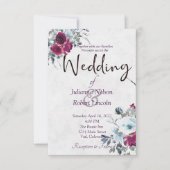 Bourgogne en blauwe waterverf florale bruiloft inv kaart (Voorkant)