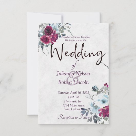 Bourgogne en blauwe waterverf florale bruiloft inv kaart (Voorkant)